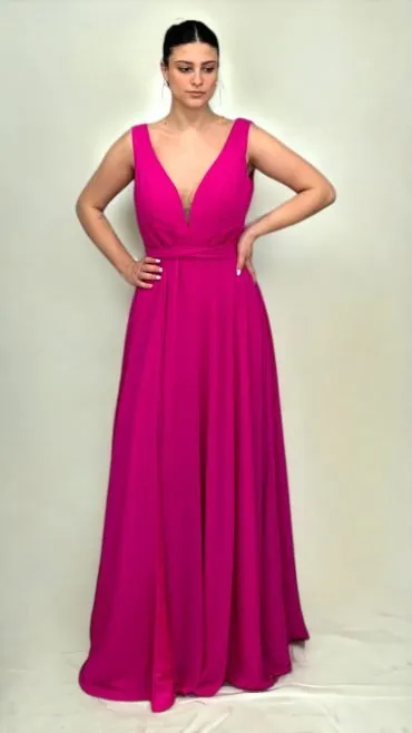 Abito lungo in chiffon fucsia con fiocco – X&M
