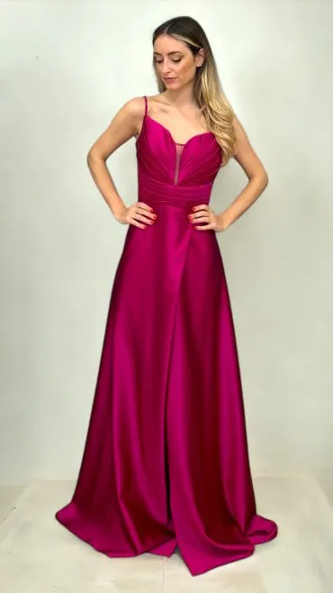 Abito lungo in satin fucsia con scollo a V e spacco – Selezione Premium