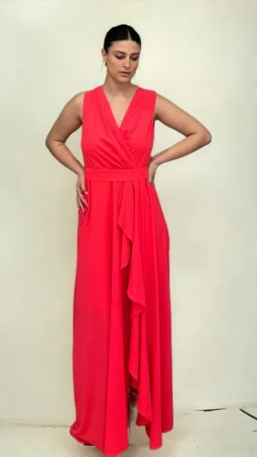 Abito lungo in chiffon corallo con scollo a V e corpino drappeggiato – Moncho Heredia
