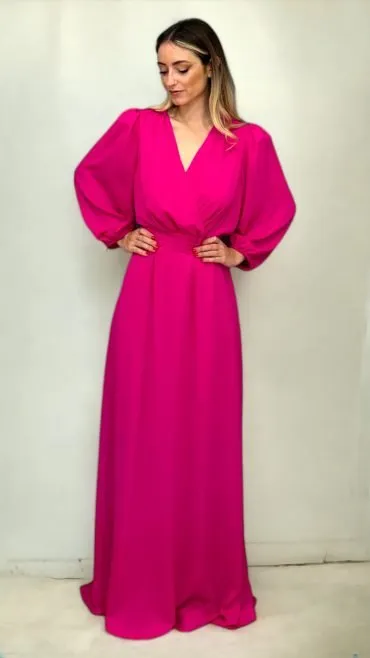Abito lungo in crepe fucsia con scollo a V e maniche lunghe – Moncho Heredia