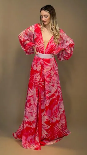 Abito lungo in chiffon stampato corallo con scollo a V profondo – Moncho Heredia