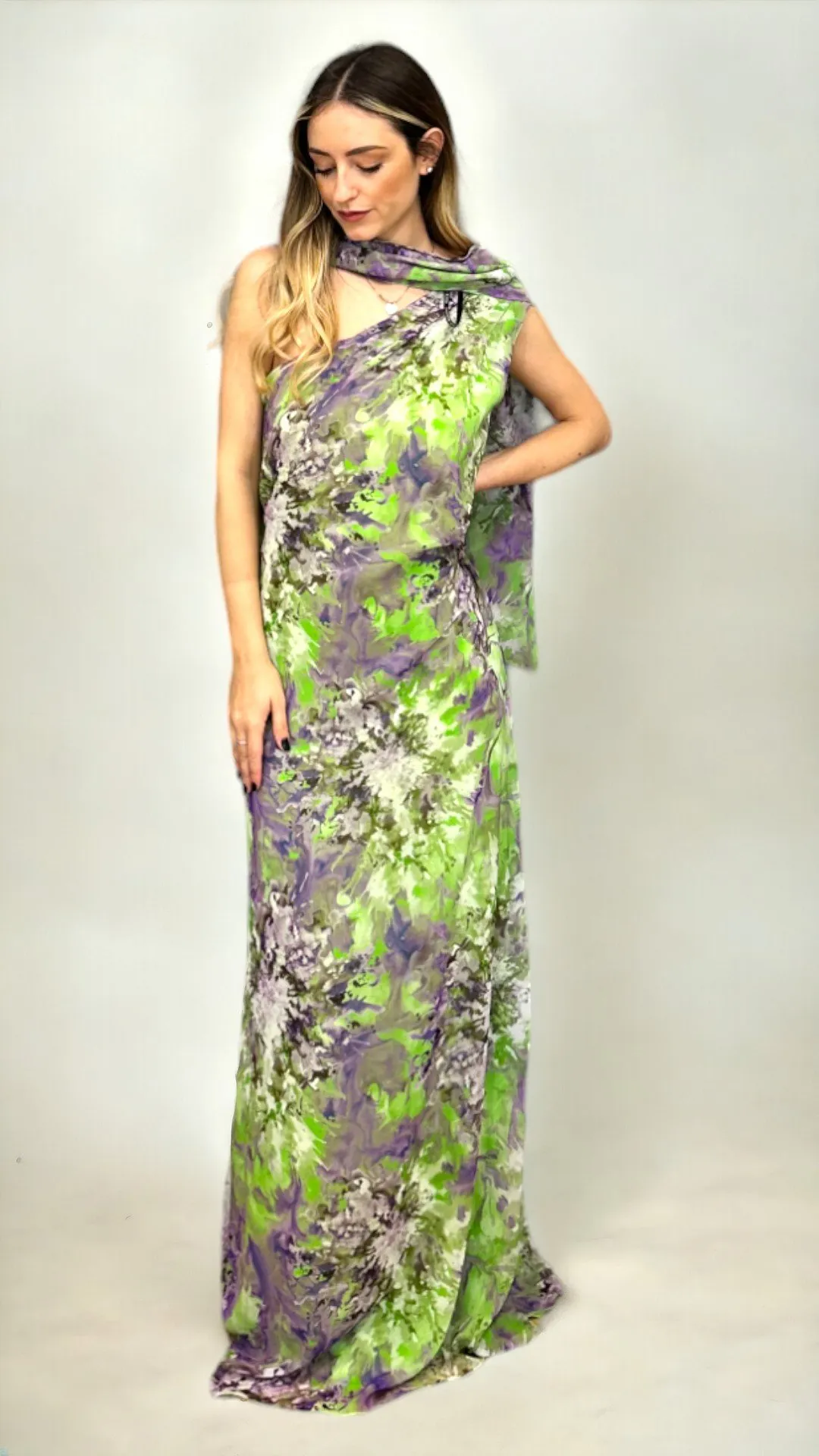 Abito in chiffon stampato Multicolor monospalla e corpino drappeggiato – Moncho Heredia