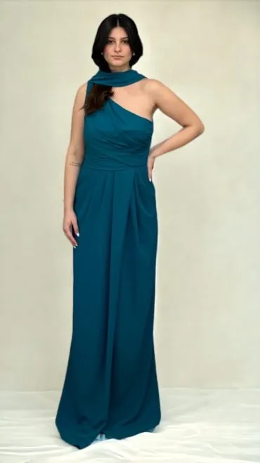 Abito lungo in georgette ottanio monospalla e corpino drappeggiato – Pronovias