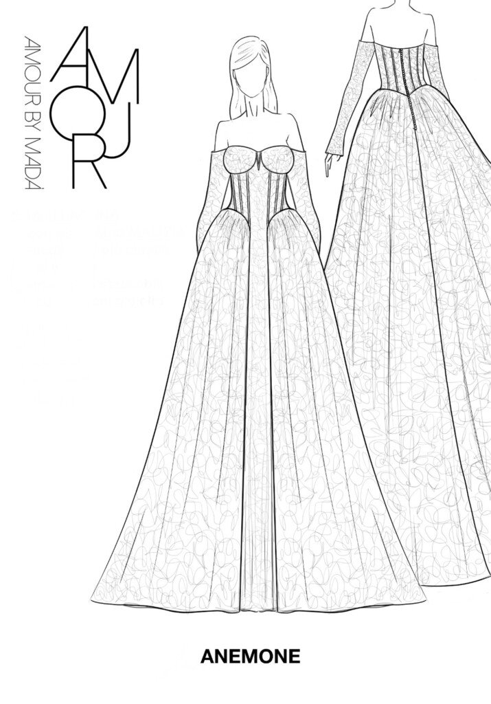 Bozzetto dell'abito da sposa Anemone in tulle ricamato con corsetto a coppe e maniche staccate in pizzo, collezione Camelia di Amour by Madà