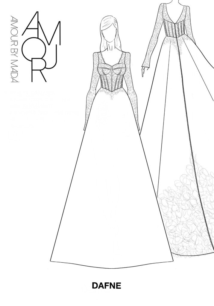 Bozzetto dell'abito da sposa Dafne con maniche lunghe in pizzo, scollo quadrato e coda ricamata, collezione Camelia di Amour by Madà