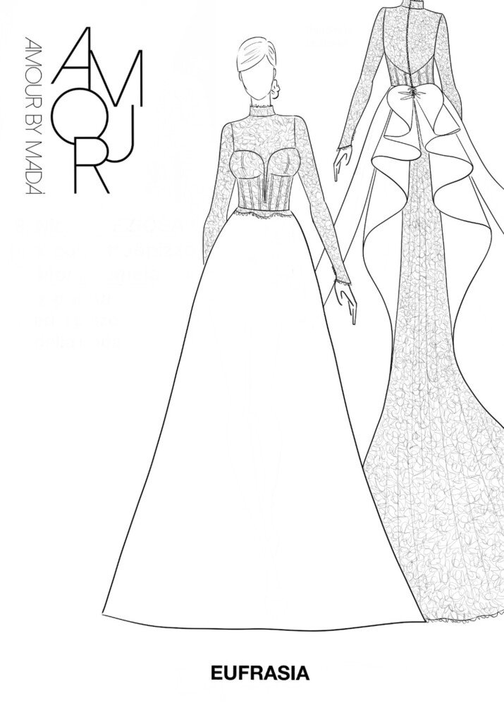 Bozzetto dell'abito da sposa Eufrasia con collo alto in pizzo e fiocco scultoreo sul retro con strascico ricamato, collezione Camelia di Amour by Madà
