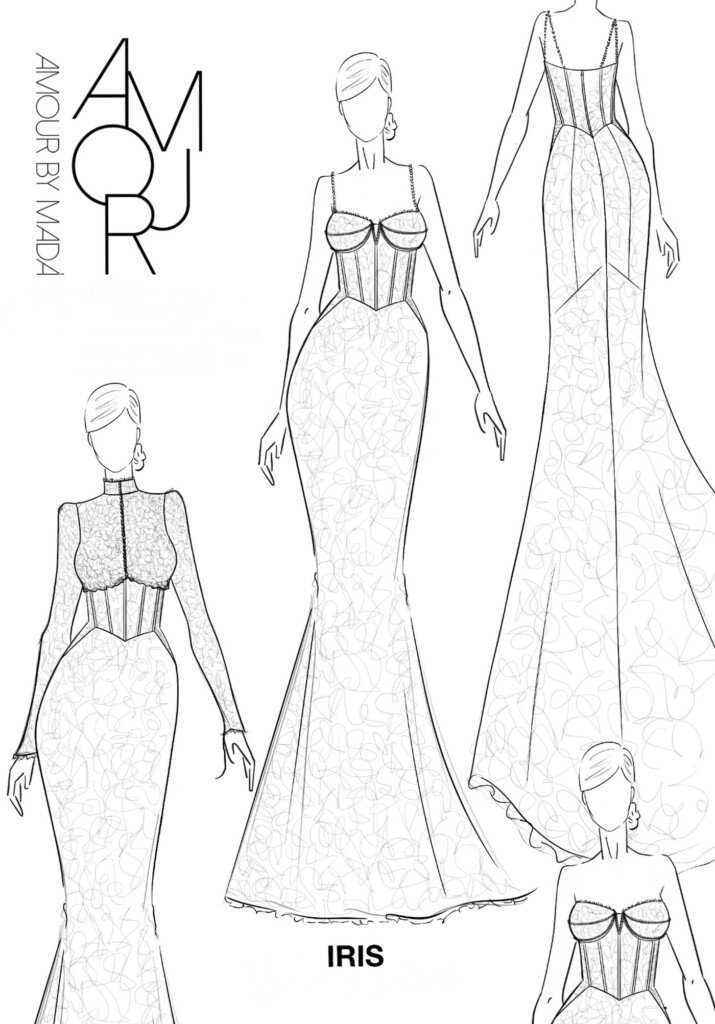 Bozzetto dell'abito da sposa Iris a sirena in pizzo ricamato, con corsetto a coppe strutturate, collezione Camelia di Amour by Madà