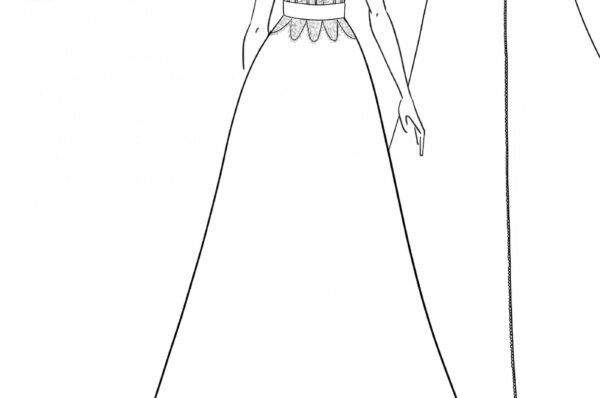 Bozzetto dell'abito da sposa Lunaria in pizzo, con corsetto a stecche e gonna ampia, collezione Camelia di Amour by Madà