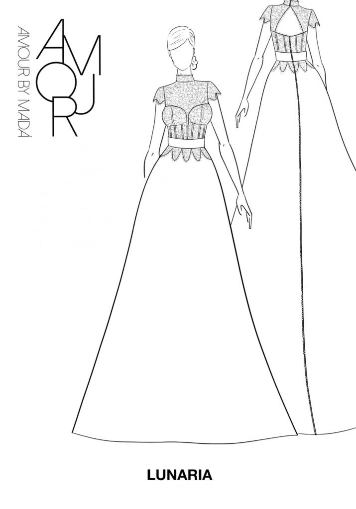 Bozzetto dell'abito da sposa Lunaria in pizzo, con corsetto a stecche e gonna ampia, collezione Camelia di Amour by Madà