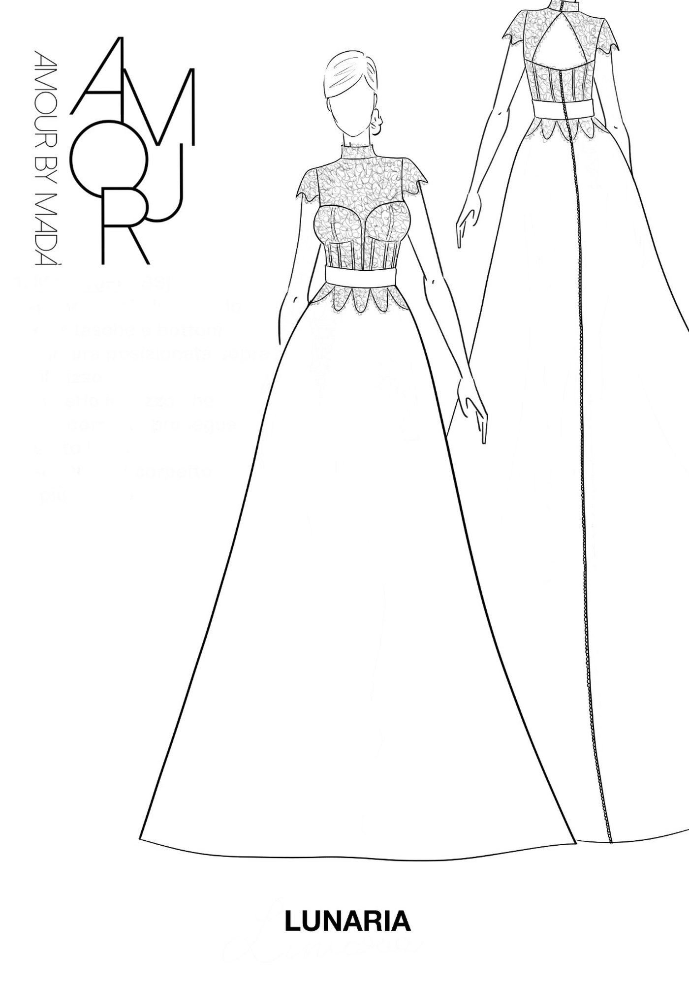 Bozzetto dell'abito da sposa Lunaria in pizzo, con corsetto a stecche e gonna ampia, collezione Camelia di Amour by Madà